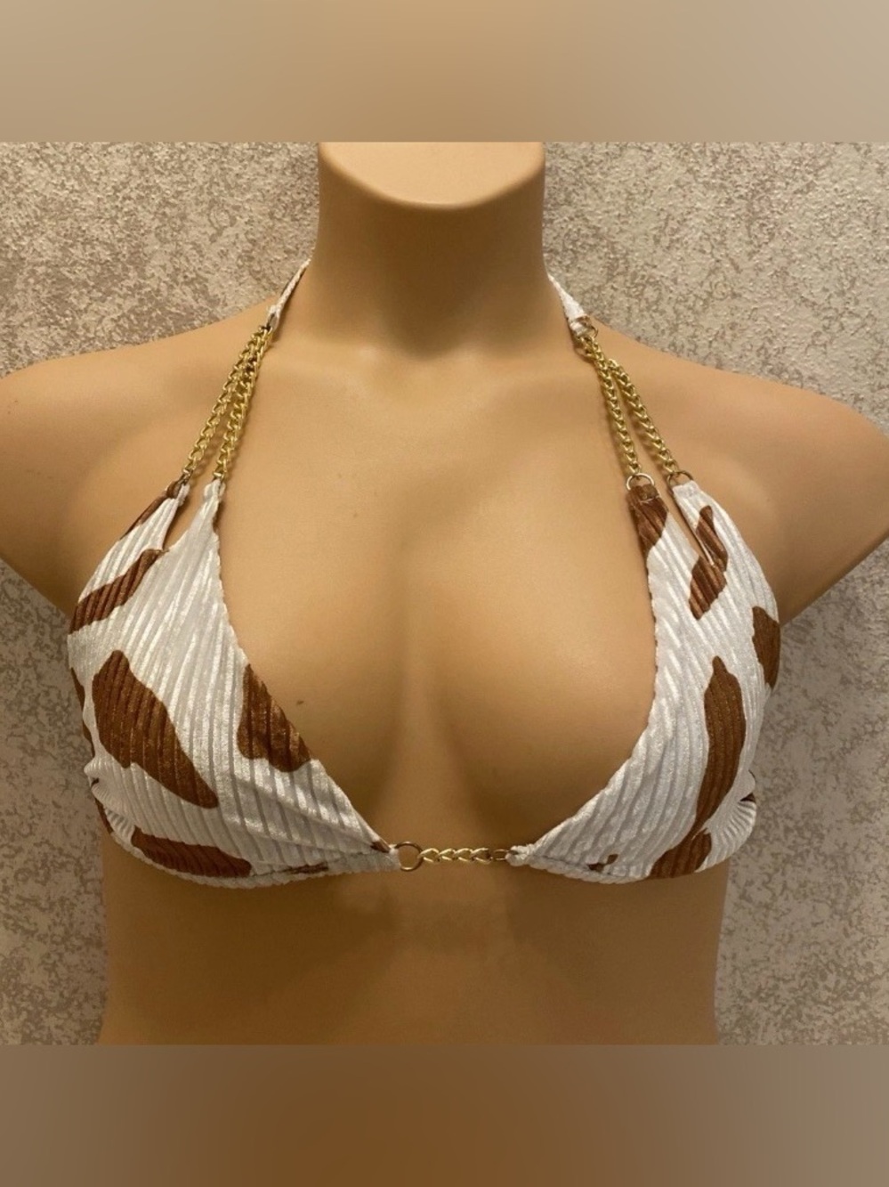 SHEIN White & Brown Cow Print Chain-Detail Triangle Bikini Top